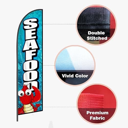 Seafood Feather Flag Banner - 11.5x2.5 Ft Advertising Swooper Flag for Outdoor Business and Events Promotion - Seafood Signs Windless Full Sleeve Banner for Restaurants, Diners, Markets (Only Flag) thumbnail 5