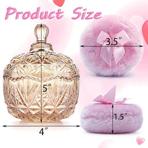 Body Powder Puff with 4“ Crystal Glass Storage Jar Including 1 Pink Puff and 1 Skin-Tone Puff Suitable for Loose Powder Soft Washable Reusable Fluffy Puff Perfect for Skincare(Crown-Amber) thumbnail 2