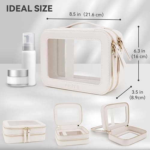 Prite Double Layer Makeup Bag for Women Portable Clear Makeup Bag Cute Waterproof Travel Cosmetic Bag with Gold Zipper for Car Essentials(Beige) thumbnail 3