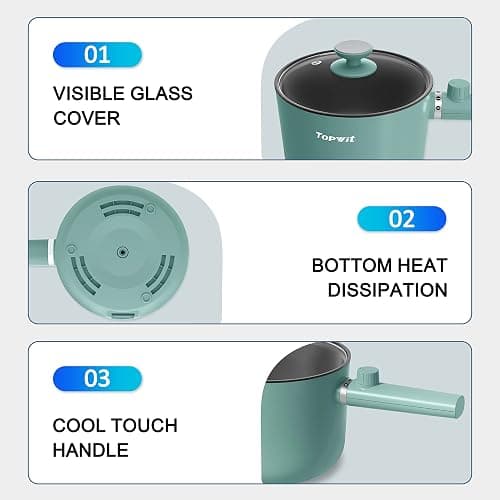 Topwit Hot Pot Electric, 1.5L Ramen Cooker, Non-Stick Frying Pan, Electric Pot for Pasta, Steak, BPA Free, Dual Power Control, Over-Heating & Boil Dry Protection, Green thumbnail 7