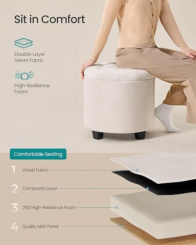 SONGMICS Round Ottoman, Ottoman with Storage, 17.7 x 17.7 x 17.5 Inches, Foot Rest with Legs, Velvet, Load up to 330 lb, for Living Room, Bedroom, Cream White ULOM012W01 thumbnail 5
