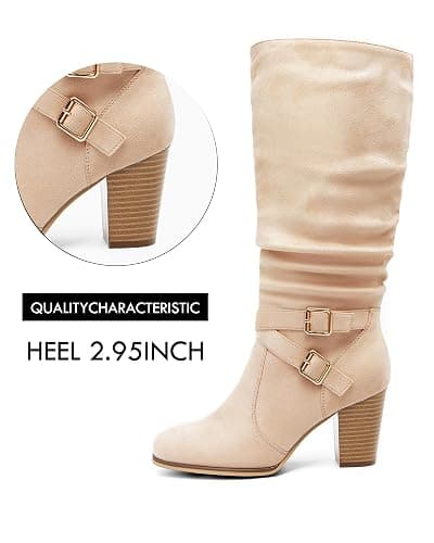 Ermonn Womens Mid Knee High Boots Chunky Heel Slouchy Metal Buckle Side Zipper Fashion Winter Shoes thumbnail 3