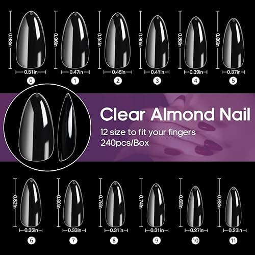 Funfe Clear Soft Gel Almond Nail Tips - 240 pcs, 12 Sizes, Full Cover, Press On, DIY Nail Salon - Clear 240pcs thumbnail 2
