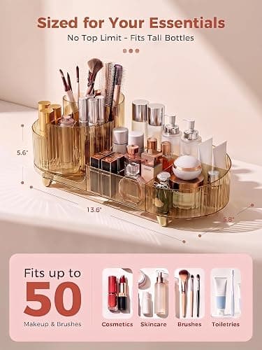 Booklov Rotating Makeup Organizer for Vanity Countertop, Amber | Clear Acrylic Cosmetic Display Case, Large Beauty Brush Holder for Bathroom Counter, Skincare Lipsticks Storage thumbnail 2
