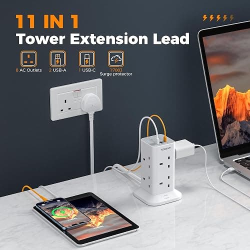 Tower Extension Lead 5M with 3 USB Slots, TESSAN 5 Metre Extension Cable 8 Way Multi Plug Socket, Surge Protected Power Strip with Switch for Home, Office thumbnail 2