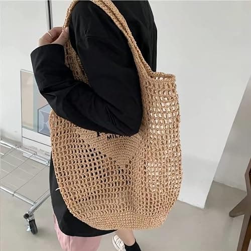 bufftieo Straw Woven Tote Bag for women,Mesh Hollow Woven Shoulder, Straw Beach bag, Hobo Women Bag, for Travel Holiday thumbnail 2