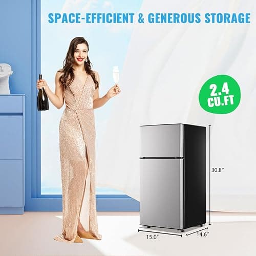 DEMULLER Mini Fridge with Freezer, 2.4 Cu.Ft Personal Refrigerator Only for One Person Use, Silver Tiny Small Size Refrigerator with 7 Level Adjustable Temperature and Double Door thumbnail 3