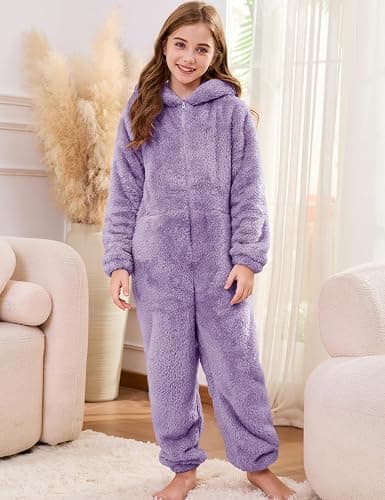 Flygo Girls Fleece Jumpsuits Fuzzy Hooded Rompers Kids Zip up Onesie Romper Costume Warm Winter Clothes 5-14 Years thumbnail 2