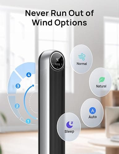 Dreo Tower Fan for Bedroom, 25ft/s Velocity Quiet Floor Fan, 90° Oscillating Fans for Indoors with 4 Speeds, 4 Modes, 8H Timer, Standing Fans, Bladeless Fan, Silver, Nomad One (DR-HTF007) - Silver - Tower Fan thumbnail 5
