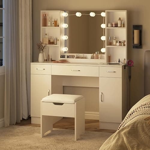 Vabches Makeup Vanity Table with Lighted Mirror & Power Strip, Large Vanity Set Vanity Desk with Storage Stool, 3 Lighting Modes, Brightness Adjustable, 45.2in(L) thumbnail 7