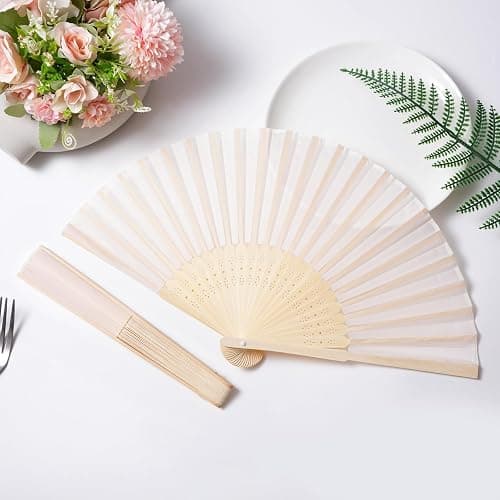 Sepwedd 50pcs Cream-Coloured Imitated Silk Fabric Bamboo Folded Hand Fan Bridal Dancing Props Church Wedding Party Favors with Organza Bags thumbnail 2