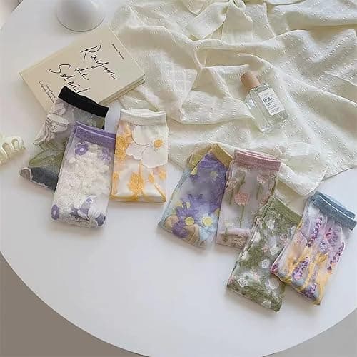 Ballballu Vintage Sheer Socks,Summer Transparent Flower Ankle, Thin Mesh Lace Elastic Jacquard Glass Silk thumbnail 7