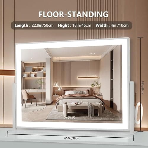 Acoolda Vanity Mirror with Lights, Large Makeup Mirror with Lights, LED Lighted Makeup Mirror with 3 Color Light Modes, Smart Touch Tabletop Mirror for Makeup Desk 360° Rotation 22.8" x 18" White thumbnail 2