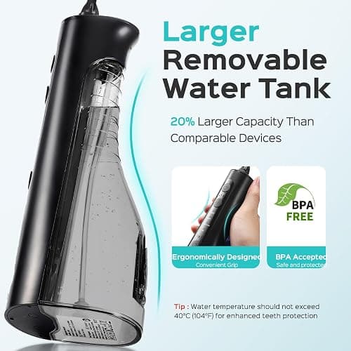 COSLUS ADA Accepted C50 Water Dental Flosser, 4 Modes 5 Intensity Levels | Professional Water Teeth Pick for Braces, Orthodontics & Sensitive Gums, Compact Cordless for Family Home Travel, Black thumbnail 8