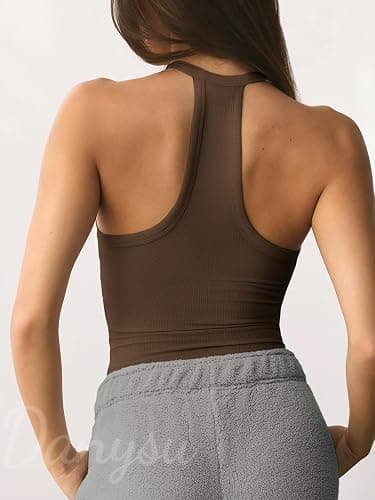 Danysu V Neck Racer Back Tank Top for Women Padded Ribbed Long Tank Fitted Basic Cami Tops thumbnail 2