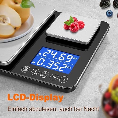 Küchenwaage Digital,Digitale KüChen mit 2 Plattformen 15kg/1g & 500g/0.01g Feinwaage mit 7/6 Einheiten,Summierungsfunktion,Auto-Off, Tara,No Usb,LCD,für KüChe Schmuck Backen Kochen,inkl. Batterien thumbnail 7