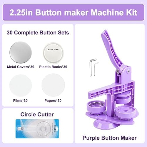 Happizza Button Maker Machine 58mm/2.25in, Pin Maker Machine Kit with 30 Buton Parts, DlY Badge Maker, Purple Button Press Machine, Perfect Beginner Experience Kit, Ideal for School, Parties, Events thumbnail 4