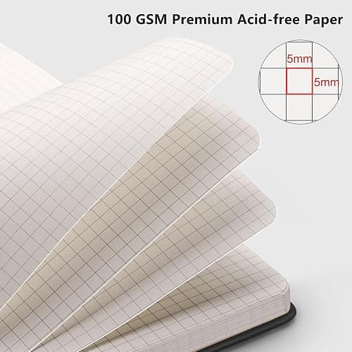 RETTACY Graph Grid Paper Notebook, 192 Pages, A5 Medium Size (5.7'' x 8.3''), 5 Squares per Inch, Leather Hardcover, 100 GSM Thick Paper, for School, Students, Math, Engineering (Black) thumbnail 3