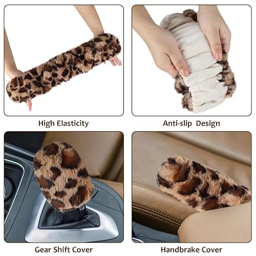Accmor Fuzzy Car Steering Wheel Cover, Universal Fit Fur Auto Wheel Cover & Handbrake Cover & Gear Shift Cover Set, Leopard Warm Fluffy Vehicle Wheel Protector Car Accessories for Men Women (Brown) thumbnail 5