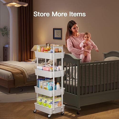 Pipishell 4 Tier Rolling Cart Organizer, Plastic Rolling Cart with Lockable Wheels & Reinforced Handle, Lightweight Utility Storage Cart for Nursery, Kitchen, Craft Room, White thumbnail 4