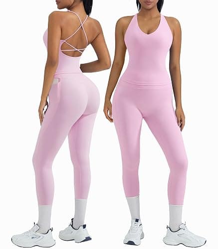 OMKAGI 2 Piece Workout Sets for Women Padded Workout Tops Booty Leggings with Pockets Gym Sets - Image 1