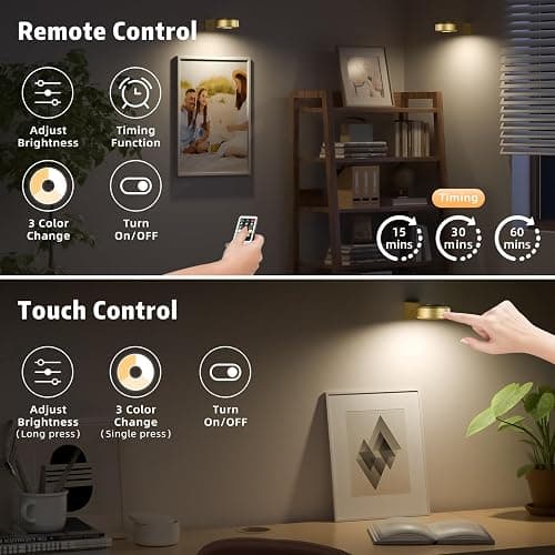 3PCS Picture Lights, Rechargeable Battery Wall Light for Paintings, 3 Colors Paintings Light Dimmable and Timer Metal Art Light for Display, Wall, Artwork, Gallery (Gold) thumbnail 4