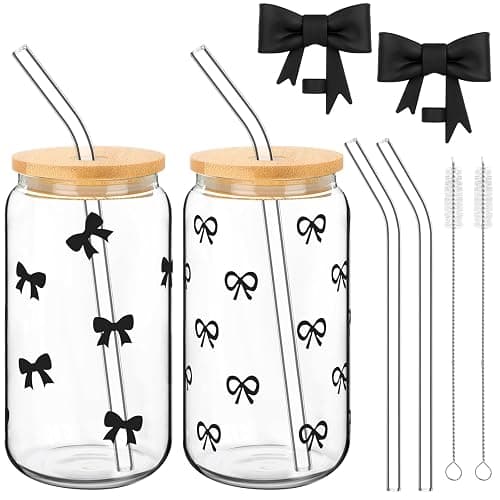 Skylety Set of 2 Coquette Black Bow Glass Cup 16oz Glass Cup with Lids and Straws Reusable Silicone Straw Toppers Lids Protectors 2 Brush for Drinking Coffee Tea Cocktail(Bow) - Image 1