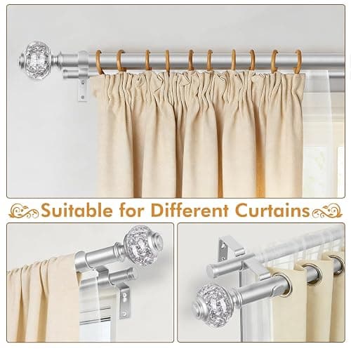 USFOOK Double Curtain Rods for Windows 66-120, 1 Inch Drapery Rod, Silver | Double Layer Window Treatment Rods, Decorative Crystal Ball Finials, Heavy Duty Adjustable Pole, Supports 33lbs, Wall Mounted thumbnail 4