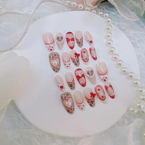 30Pcs Valentines Press on Nails Medium Almond Fake Nails French Tip 3D White Pearl Designs Cute Bow False Nails Leopard Polka Dots Acrylic Stick On Nail with Heart and Rhinestones Romantic for Women thumbnail 3