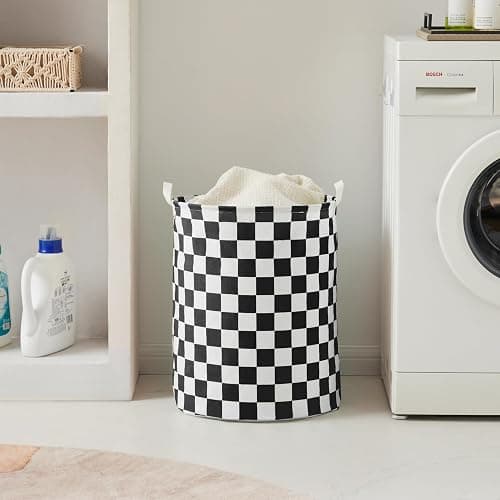 Ohocut Black White Checkered Laundry Basket, Collapsible Aesthetic Cute Canvas Organizer Hamper Basket for Storage, Toy Bins, Bedroom Clothes, Children Nursery, Gift Basket thumbnail 3
