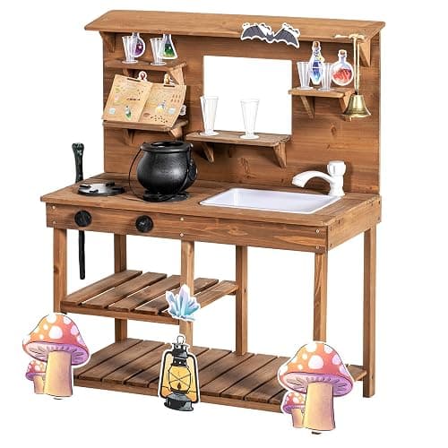 BRINJOY Mud Kitchen Playset for Kids, Wooden Magic Kitchen Set w/Wand, Recipe, Removable Sink, Faucet, Stove, Toddler Outdoor Pretend Play Kitchen, Witch Role Play, Fairy Potion, Gift for Boys Girls thumbnail 9