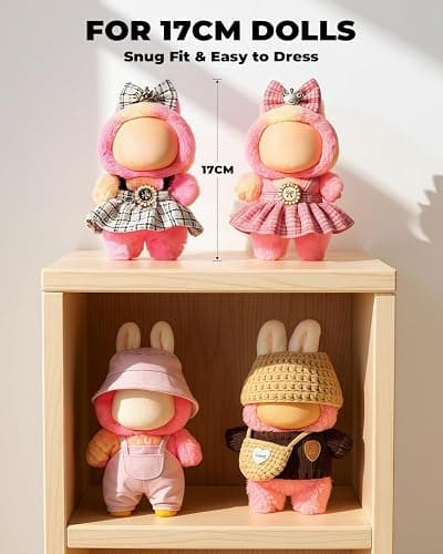 (4-Pack) 17cm Clothes Set, Black Plaid Outfit & Pink Plaid Dress Set with Bow Clip and Metallic Details, Cute Pink Clothing, Knitted Doll Clothes with Hat & Crossbody Bag for 17cm Doll thumbnail 4
