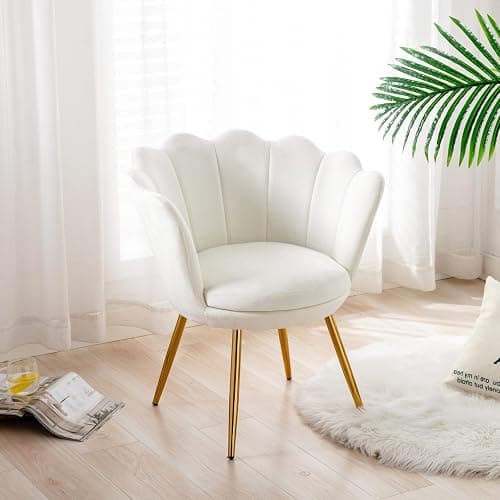 chairus Small Accent Chair for Living Room, Velvet Gold Cute Vanity Chair with Back for Makeup Room, Upholstered Shell Shaped Office Guest Modern Chair Arm Chair, Cream White thumbnail 8