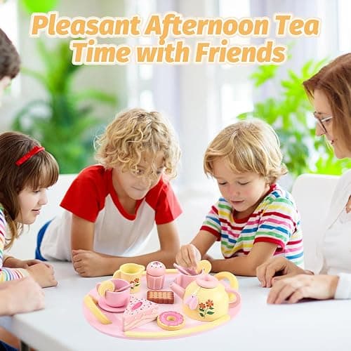 Tea Party Set Wooden Tea Sets for Toddlers 3-5 Play Food Pretend Play Toys Kids Tea Set for Girls 6-8 Birthday Gift Wooden Tea Party Set for Little Girls 3 4 5 6 Years Old Outdoor Tea Time Game thumbnail 7