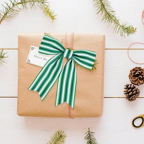 TONIFUL 2 Rolls-2 Inch Green Striped Wired Ribbon, Green and White Stripe Wired Ribbon for Gift Wrapping, Indoor, Bows Making, Wedding Birthday Party Decoration (6yds/roll) thumbnail 6