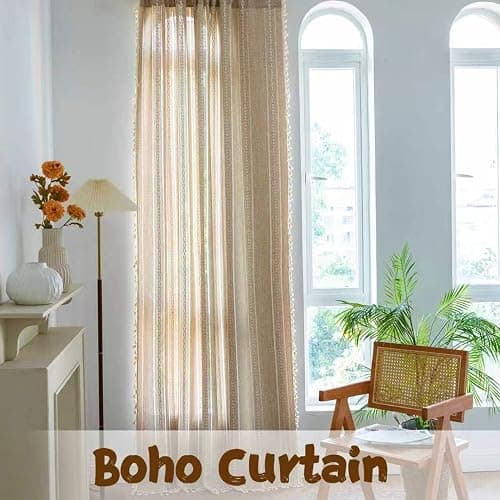 Sutuo Home Boho Curtain for Bedroom Living Room 84 Inches Length, Light Filtering French Country Farmhouse Vintage Chic Tassels Hollow Window Treatment Bohemian Drape, 1 Panel 52" W x 84" L Natural thumbnail 7