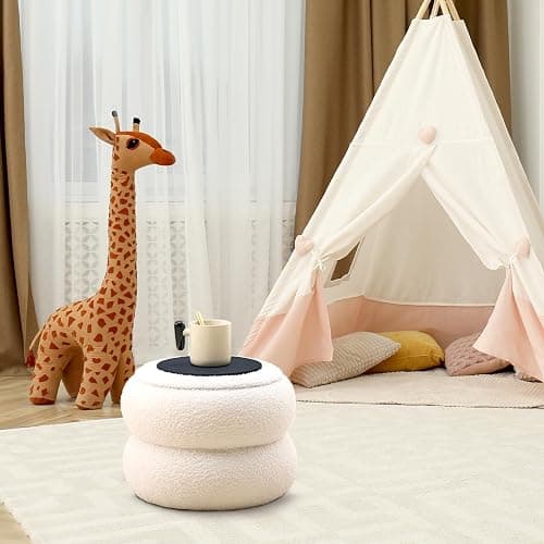 Mxfurhawa Storage Ottoman,Soft Teddy Velvet Upholstered Footrest,Mordern Round Footstool with Biscuits Shape,Side Tabble and Plant Stands for Living Room,Hallway,Bedroom (White) thumbnail 4