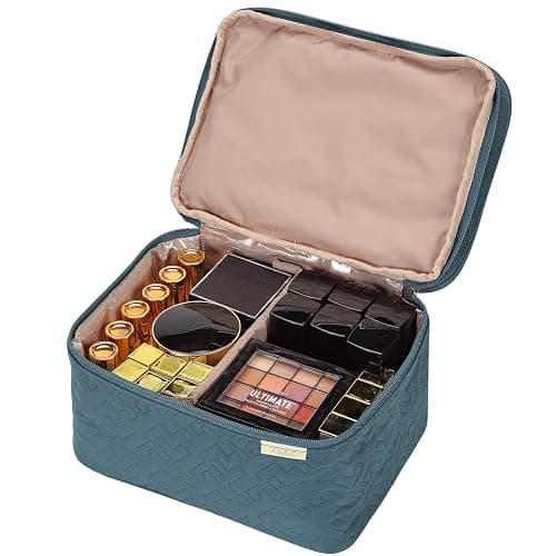 NISHEL Large Double Layer Travel Makeup Bag Women, Cosmetic Case, Organizer for Travel-Size Accessories Bottles, Brushes, Conditioner, and Skin Care Products, Lake Blue thumbnail 3