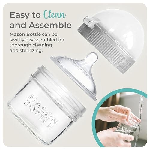 Mason Bottle 4oz Baby Glass Bottle Breast-Like Slow Flow Nipple, Cap & Ring | BPA-Free, Non-Toxic, Anti-Colic Baby Bottle, Complete Baby Feeding Bottle, Breastmilk Mason Bottle, Newborn Baby Essentials thumbnail 3