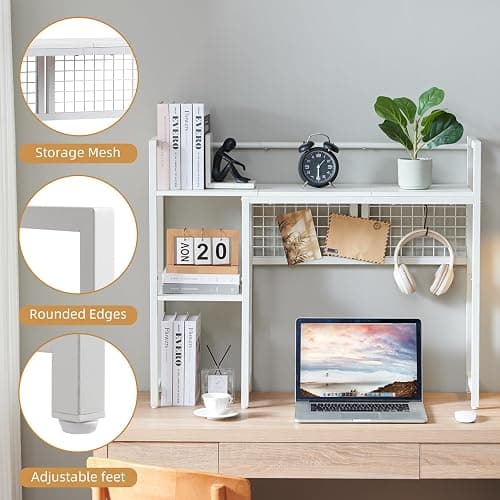 Grecodown 4-Tier Desk Hutch Shelf with Grid Panel, 36” Desktop Bookshelf for Monitor, Office & Home (White, 36") thumbnail 5