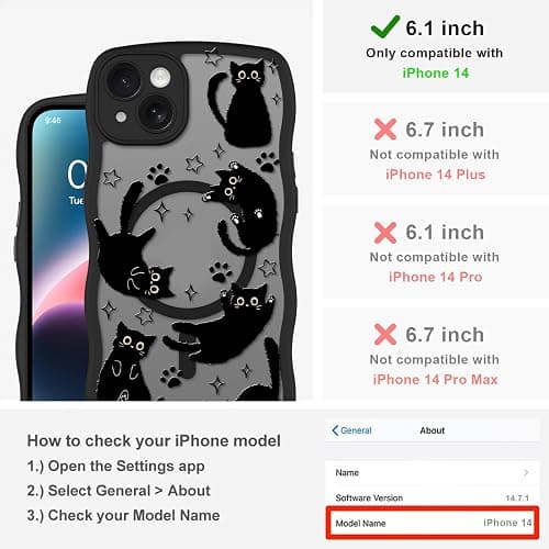 Heaofei Cute Wavy Case for iPhone 14 Case with Black Cats Pattern | Compatible with MagSafe, Cat Print Design for Women Girls, Drop Proof Animal Magnetic Protective Phone Cover thumbnail 2