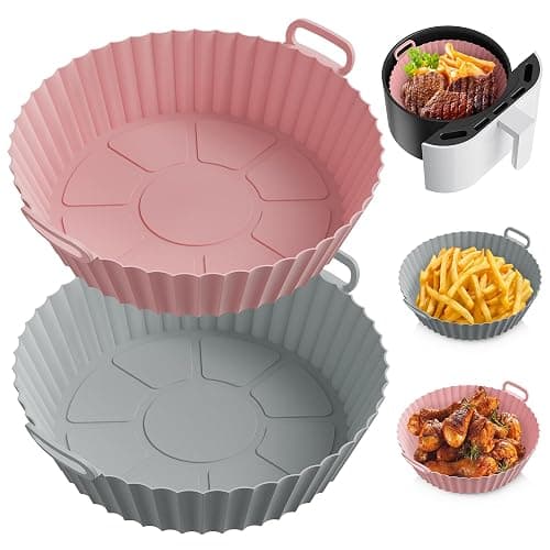 ME.FAN Air Fryer Silicone Liners for 4 to 7 QT [2 Pack] Reusable Air Fryer Basket with Handles & Holes Rose Pink + Light Grey - Image 1