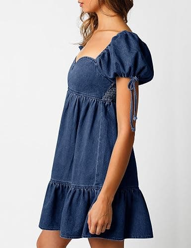 POTILI Denim Dress for Women Puff Short Sleeve Jean Dresses Sweetheart Neck Denim Mini Dress thumbnail 4