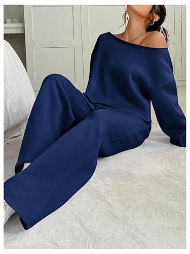 SOLY HUX Women's 2 Piece Outfits Fall Sweatsuits Off The Shoulder Crop Top Wide Leg Sweatpants Casual Matching Lounge Sets thumbnail 5