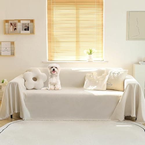 MEETSKY Couch Cover Sofa Covers Couch Covers for 3 Cushion Couch Sofa Pet Friendly, L Shaped Sectional Sofa Covers Washable Simply Put Sofa Throw Cover for Dogs, 91" x 134", Beige thumbnail 2