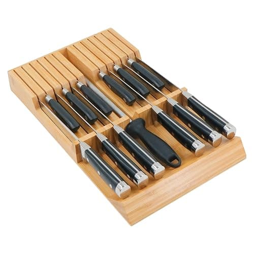 Utoplike in-Drawer Knife Block Bamboo Kitchen Knife Drawer Organizer, Handle Steak Knife Holder Without Knife, Fit for 12 Knives and 1 Sharpening Steel (Knives Not Included) - Image 1