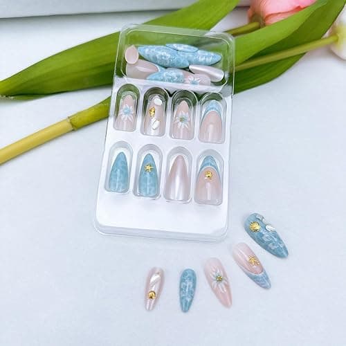 24Pcs French Tip Press on Nails Medium Almond Nails Starfish Fake Nails with 3D Flower Designs Conch Seashell Glue on Nails Summer Beach Acrylic Nails Blue Ocean False Nails Stick on Nails for Women thumbnail 5