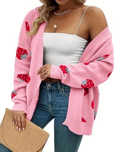 SECRETEYARD Women's Plus Size Strawberry Floral Print Long Sleeve Open Front Knit Cardigan Sweater thumbnail 4