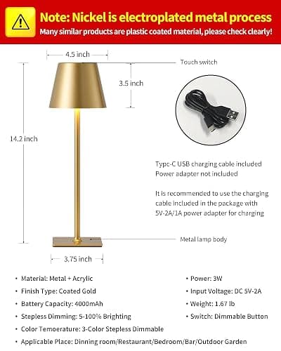 KDG 2 Pack Cordless Table Lamp, Portable LED Desk Lamps, 5000mAh Battery Operated, 3 Color Stepless Dimming Up, for Restaurant, Bedroom, Outdoor Camping, Coffee Shop, Night Light, Rechargeable (Gold) thumbnail 5