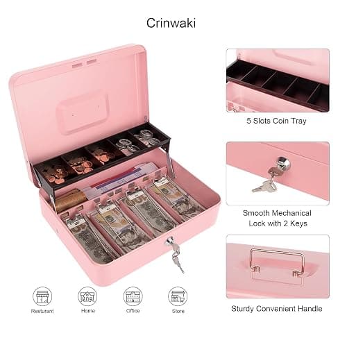 Cash Box with Money Tray and Key Lock, Money Box with Safe Locking, Money Saving Lock Box for Cash Register 11.8"x9.45"x3.54" Pink XL Large thumbnail 5